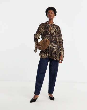 Womens Asymmetric Frill Long Sleeve Blouse - Blue Abstract