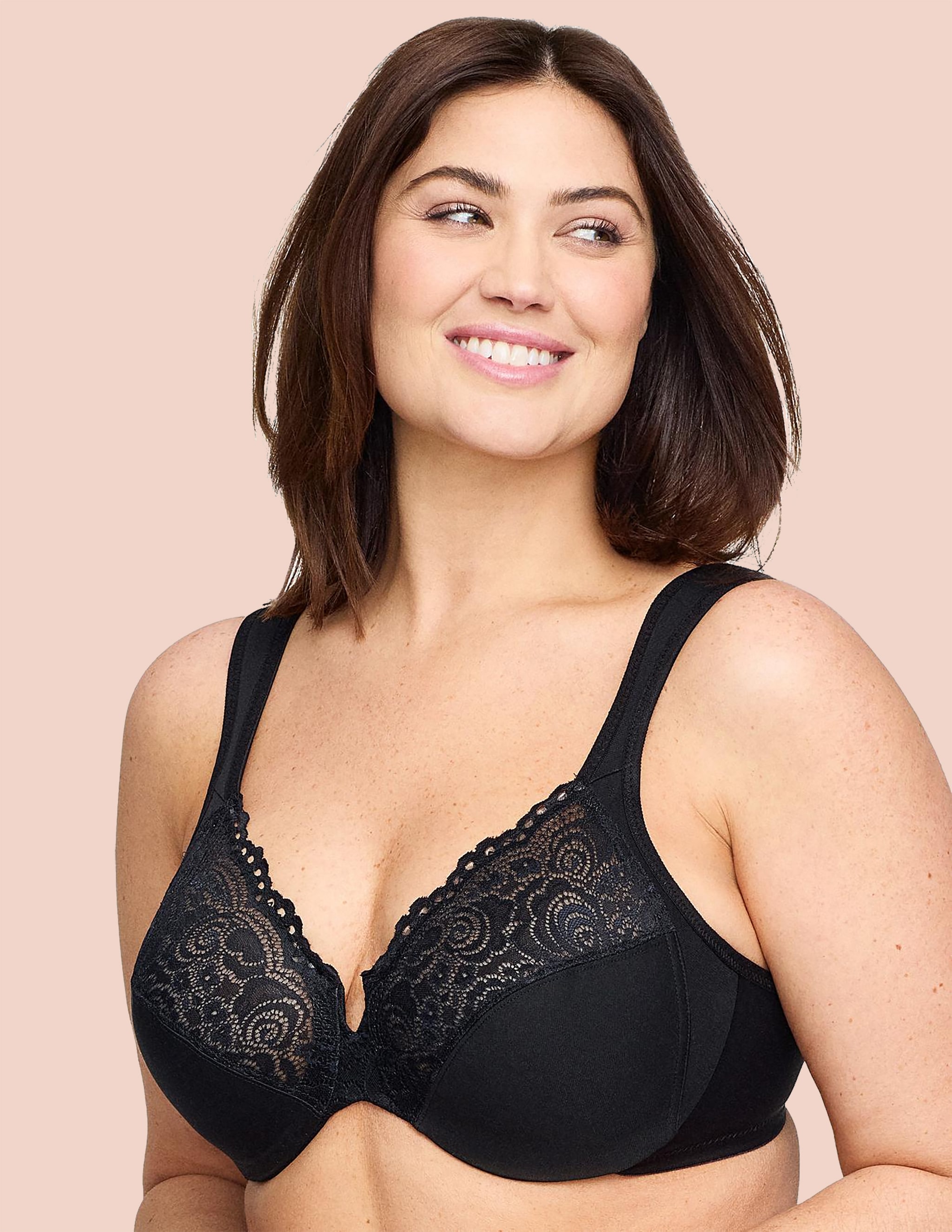 Front view of a woman wearing black bra
