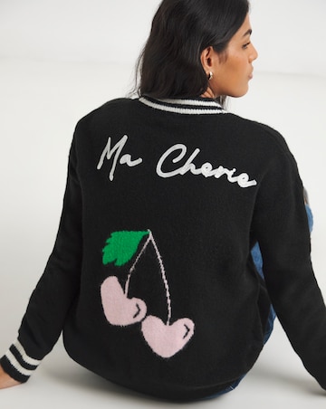Simply Be Black Contrast Trim Cherry Slogan Cardigan