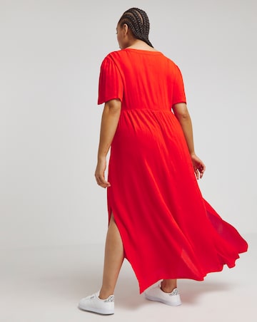 Red Crinkle Button Through Maxi Dress with Pockets