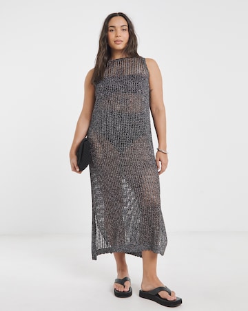 Black Metallic Hole Knit Crochet Midaxi Dress