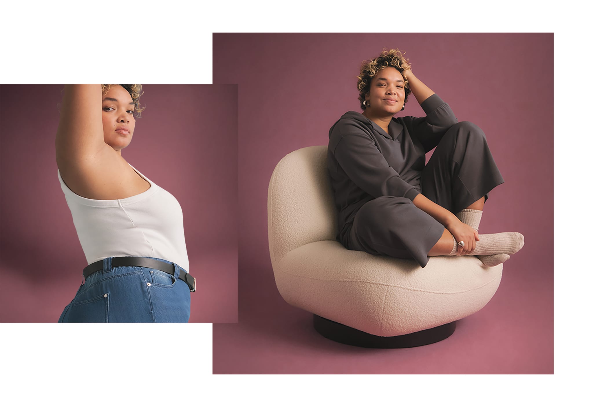 A woman wearing a white vest and jeans and a second outfit of a grey jumpsuit