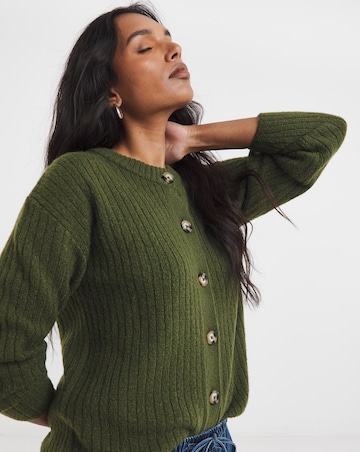 Cosy Yarn Khaki Crew Neck Ribbed Cardigan