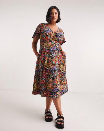 Black Floral Printed Wrap Front Midi Dress