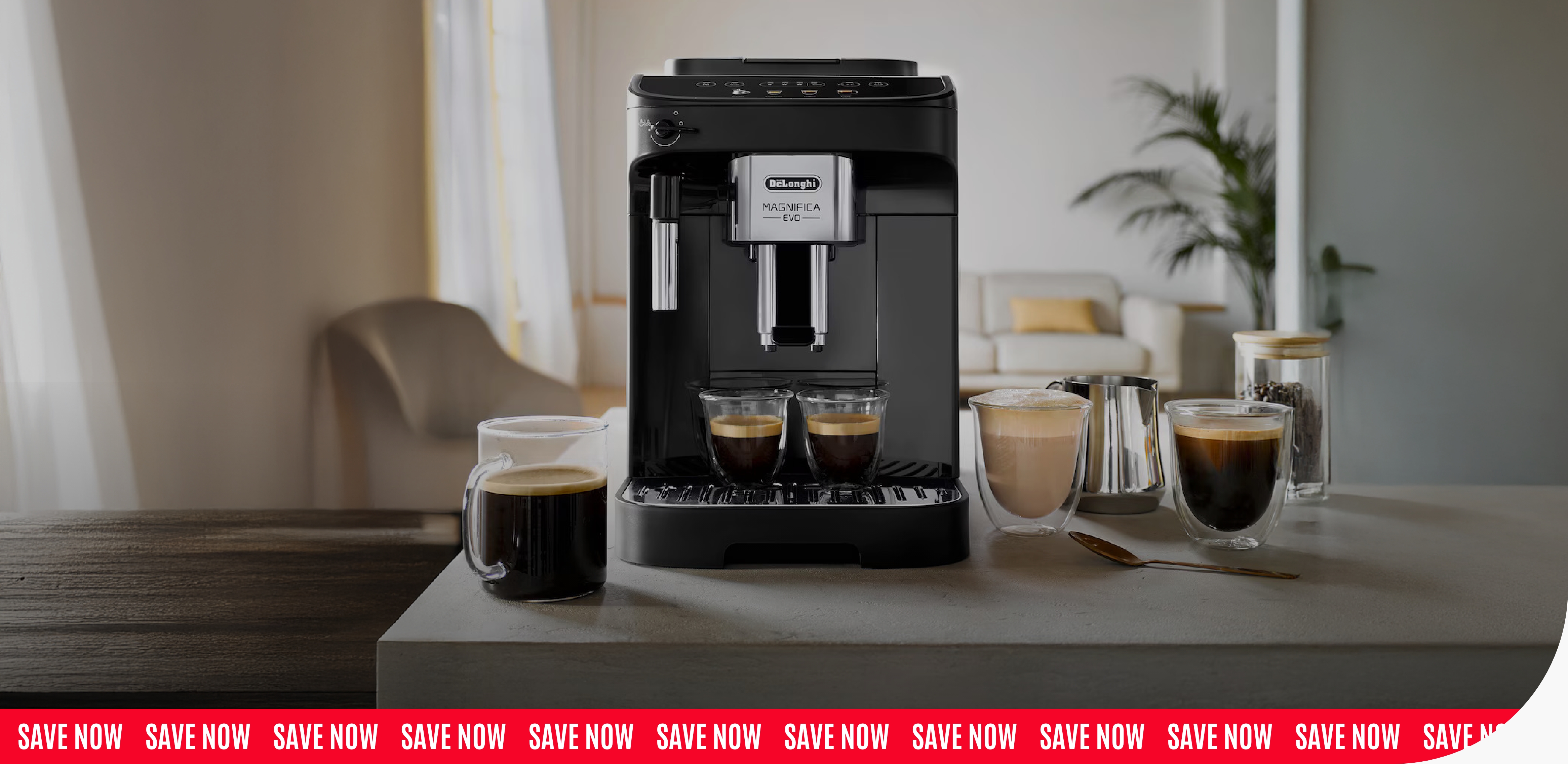 A de'longhi magnifica evo coffee machine on a kitchen counter, flanked by various glasses of coffee and a milk frothing pitcher. A red banner at the bottom repeats save now.