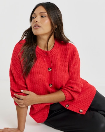 Cosy Yarn Red Crew Neck Ribbed Cardigan