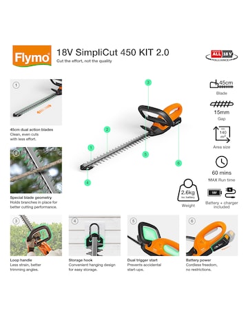 Flymo 18V SimpliCut 450 Cordless Hedge Trimmer 2.0Ah Battery & Charger