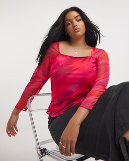 Multi Printed Mesh Square Neck Top