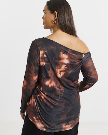 Brown Floral Print Asymmetric Shoulder Mesh Top