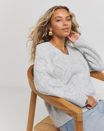 Grey Marl V Neck Cable Knit Jumper