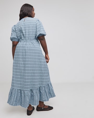 Blue Check Textured Short Sleeve Midi Dress