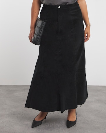 Black Cord Fit and Flare Denim Maxi Skirt