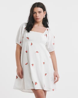 Simply Be White Poplin Embroidered Fruit Skater Dress