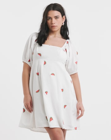 White Poplin Embroidered Fruit Skater Dress