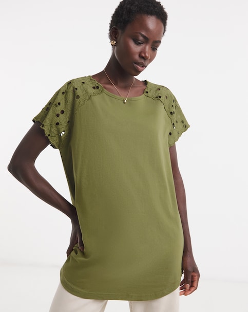Khaki Broderie Shoulder Longline Tunic