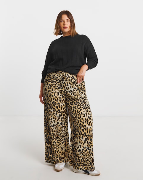 Leopard Print Drawcord Waist Wide Leg Trouser
