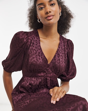 Plum Animal Satin Jacquard Midi Tea Dress