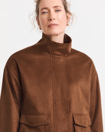 Tan Suedette Funnel Neck Relaxed Fit Jacket