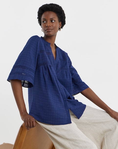 Pure Cotton Dobby Trim Short Sleeve Blouse