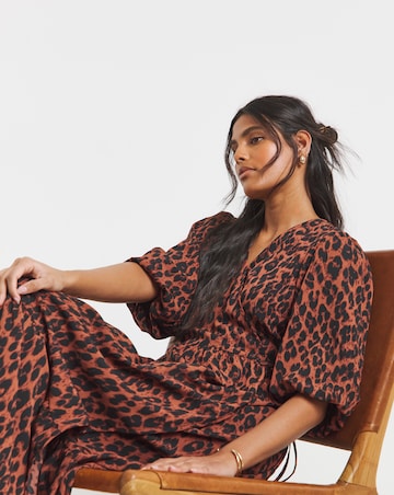 Simply Be Animal Print Puff Sleeve Woven Wrap Midi Dress