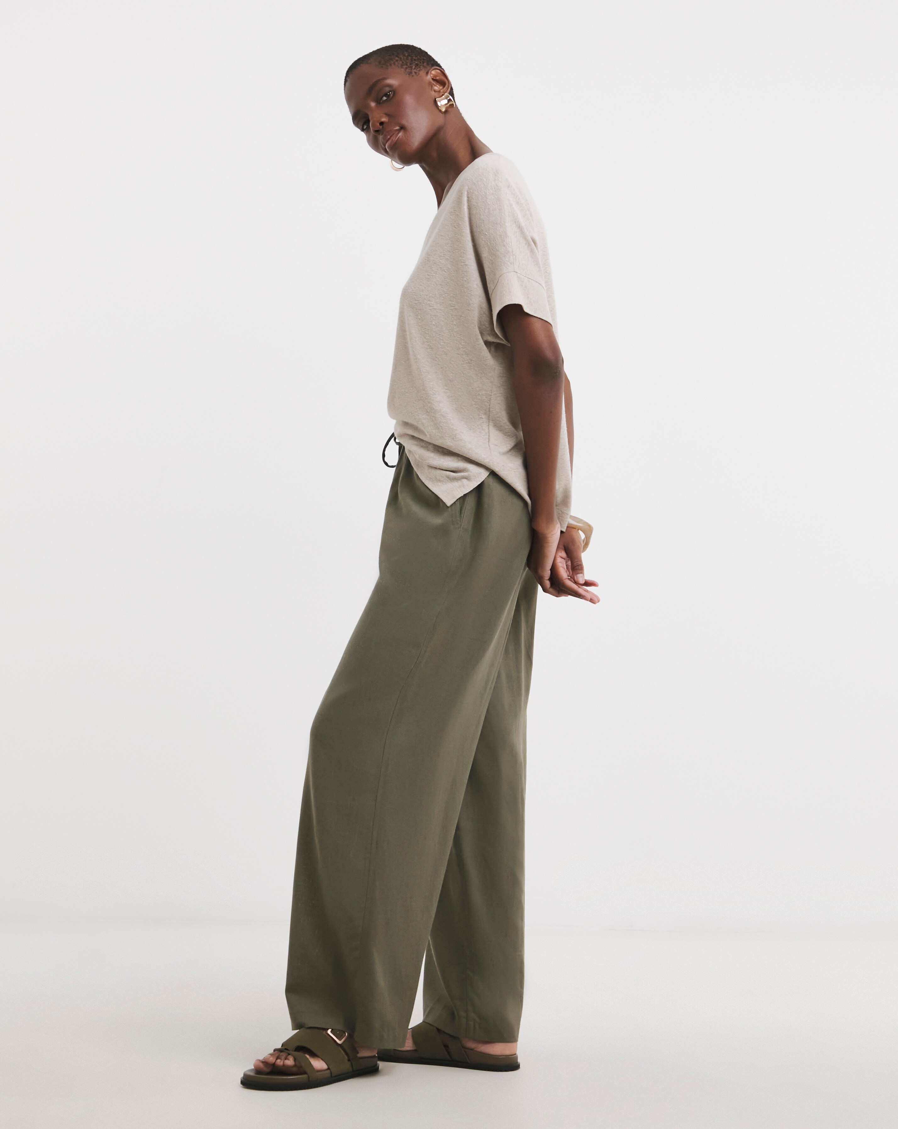 Khaki Linen Mix Wide Leg Trouser