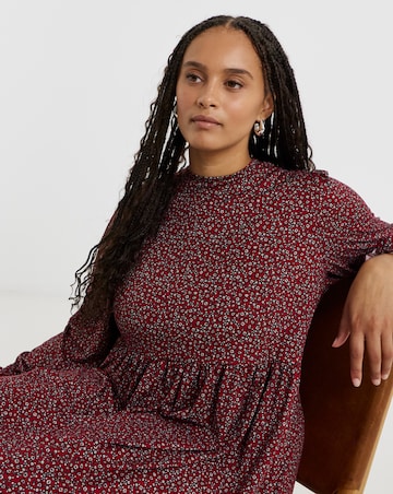 Red Ditsy Print Supersoft Midi Dress With Shirred Cuff