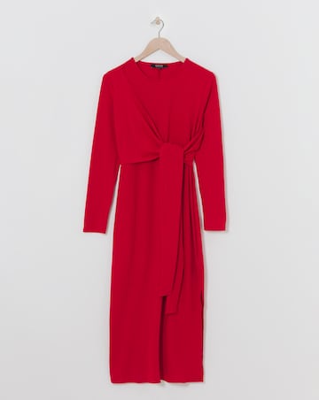 Red Ribbed Wrap Midi Dress