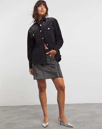Black Embellished Oversized Denim Shirt