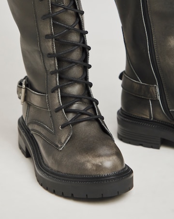 Davina Leather Knee High Lace Up Utility Boots - Extra Wide Fit (EEE) Curvy Calf