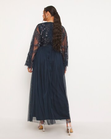 Maya Curve Cape Sleeve Floral Sequin Embroidered Tulle Maxi Dress