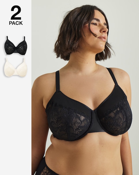 Pretty Secrets (2 Pack) Willow Stretch Lace Minimiser Bras (DD-H) Black/Cream