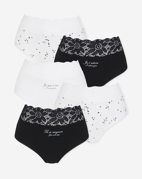Pretty Secrets (5 Pack) Lace Top Full Fit Knickers Heart Print