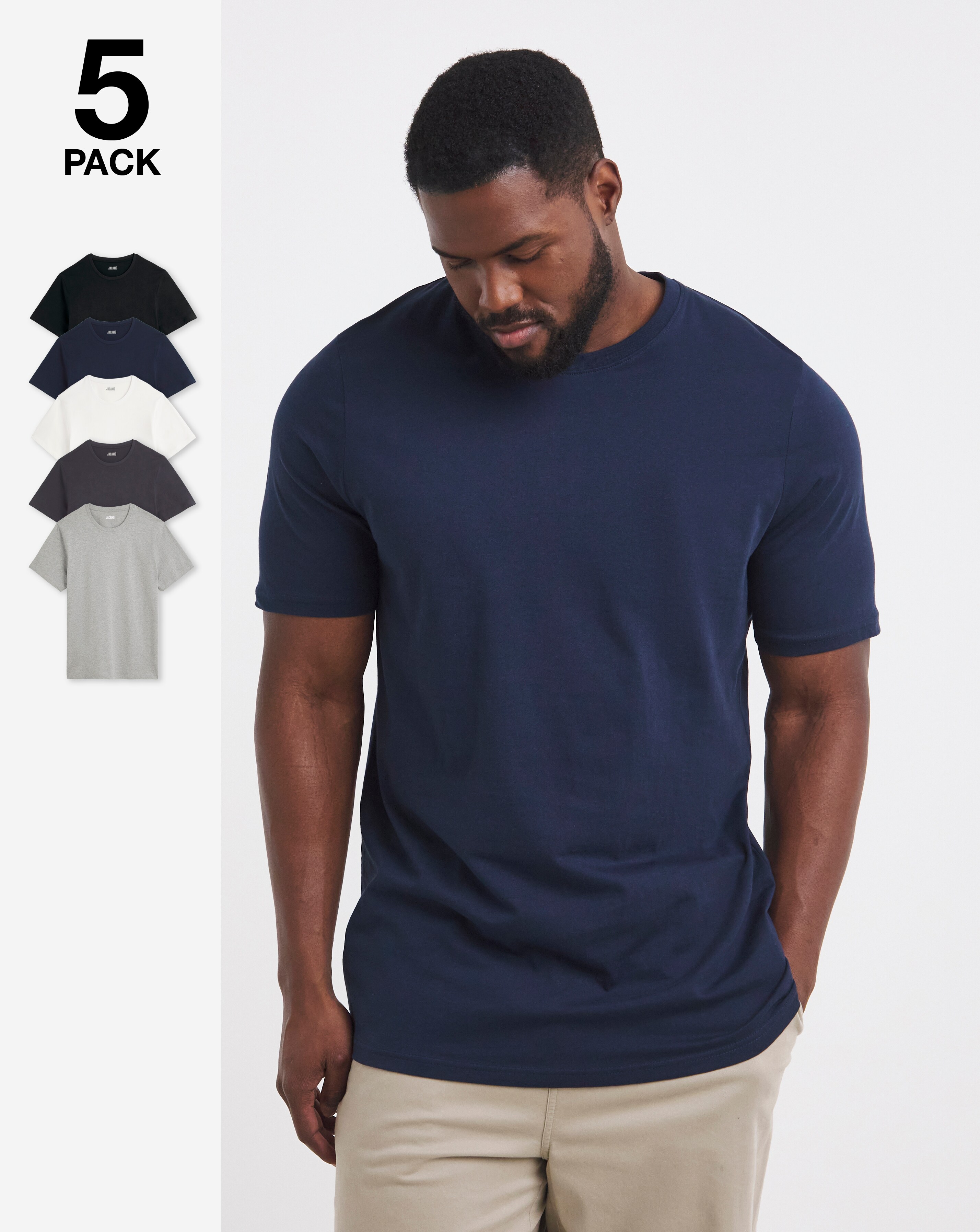5 Pack Pure Cotton Crew T-Shirts Extra Long Length