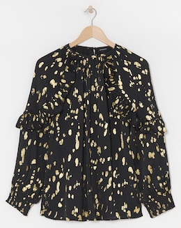 Womens Satin High Neck Ruffle Detail Raglan Sleeve Blouse - Gold Foil Print