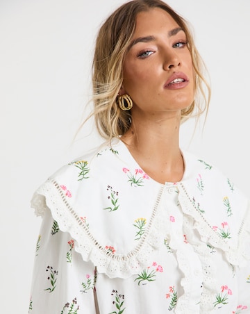 Neon Rose Floral Cotton Poplin Blouse with Broderie Frills