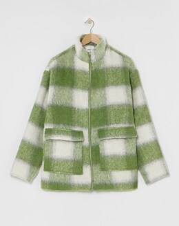Green Funnel Neck Brushed Checked Bomber