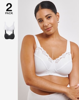 Pretty Secrets (2 Pack) Full Cup Non Wired Cotton Bras (B-G) White/Black