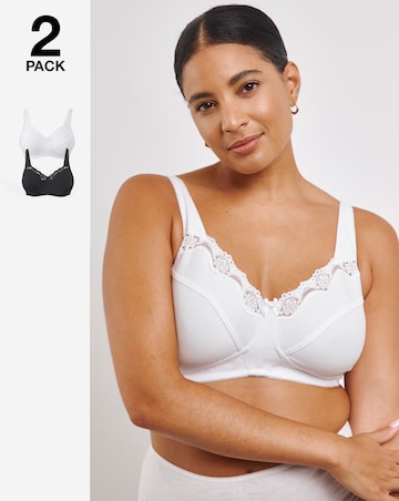 Pretty Secrets (2 Pack) Full Cup Non Wired Cotton Bras (B-G) White/Black