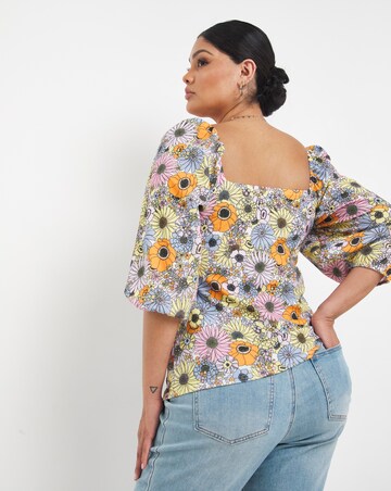 Square Neck Balloon Sleeve Floral Top