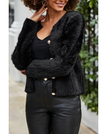 Sosandar Fluffy Teddy Gold Button Cardi