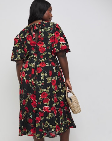 Lovedrobe Textured Floral Pleated Sleeve Midi Dress