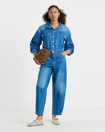 Mid Wash Authentic Look Drape Denim Jumpsuit