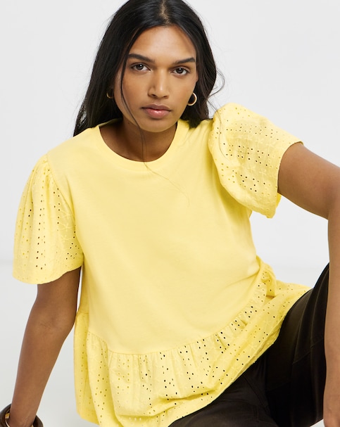 Simply Be Lemon Crew Neck Peplum Stretch Broderie Top