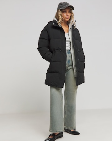 Black Waist Detail Longline Padded Jacket