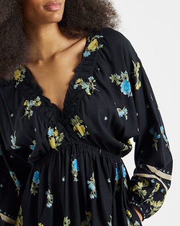 Simply Be Black Floral Printed Linen Blend Midi Dress