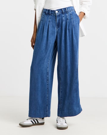 Simply Be Mid Blue Pleat Detail Lyocell Wide Leg Jeans