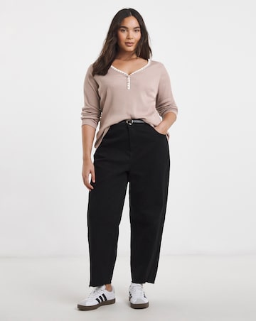 Simply Be Mocha Ribbed Henley Top with Whipstitching