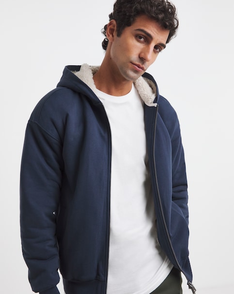 Borg Lined Full Zip Relaxed Hoodie - Navy