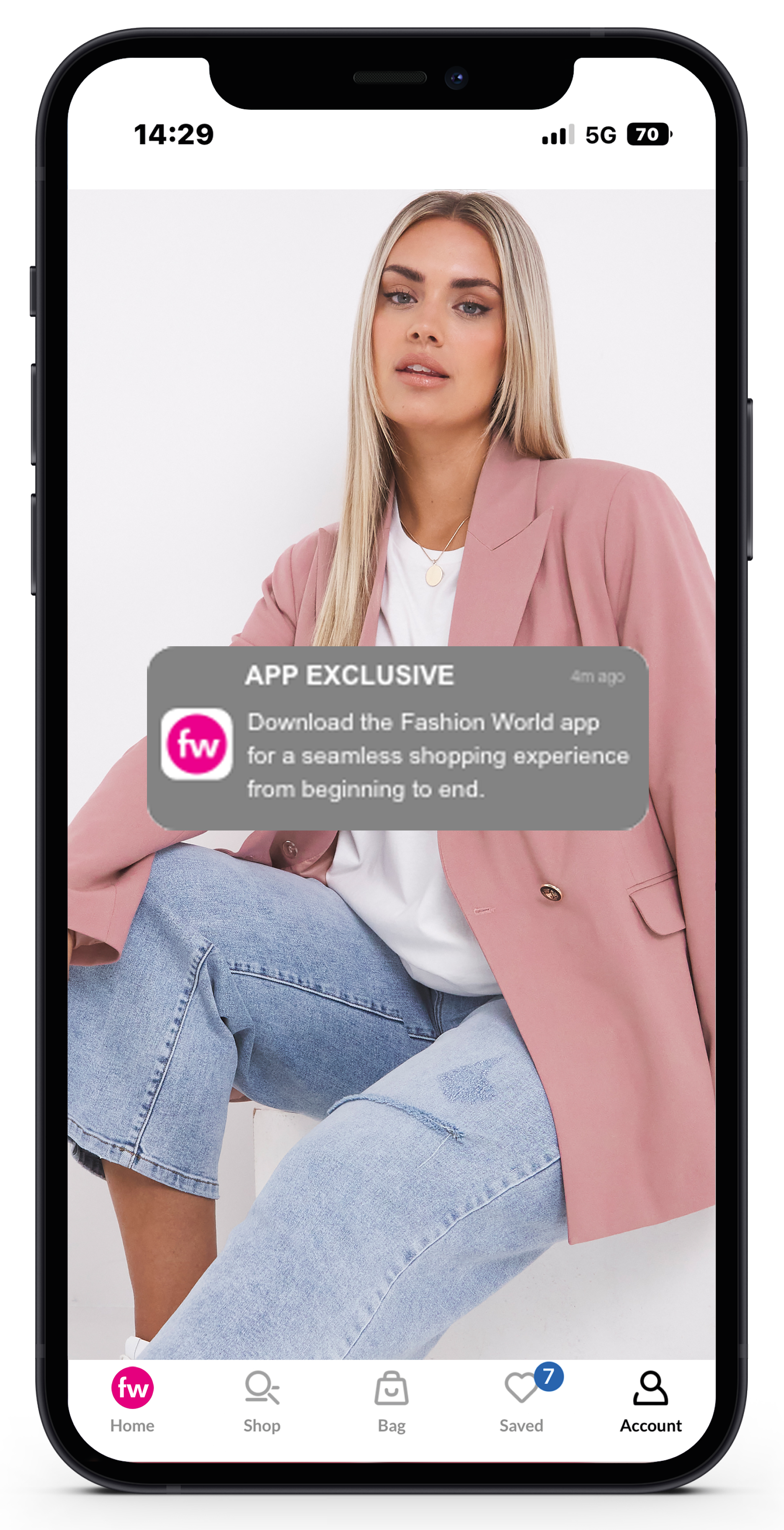 A mobile phone with a model in an outfit on screen