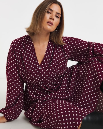 Burgundy Spot Printed Waist Detail Midi Dress